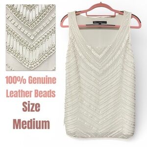 WHBM Mesh embellished Genuine leather beads winter white top size medium